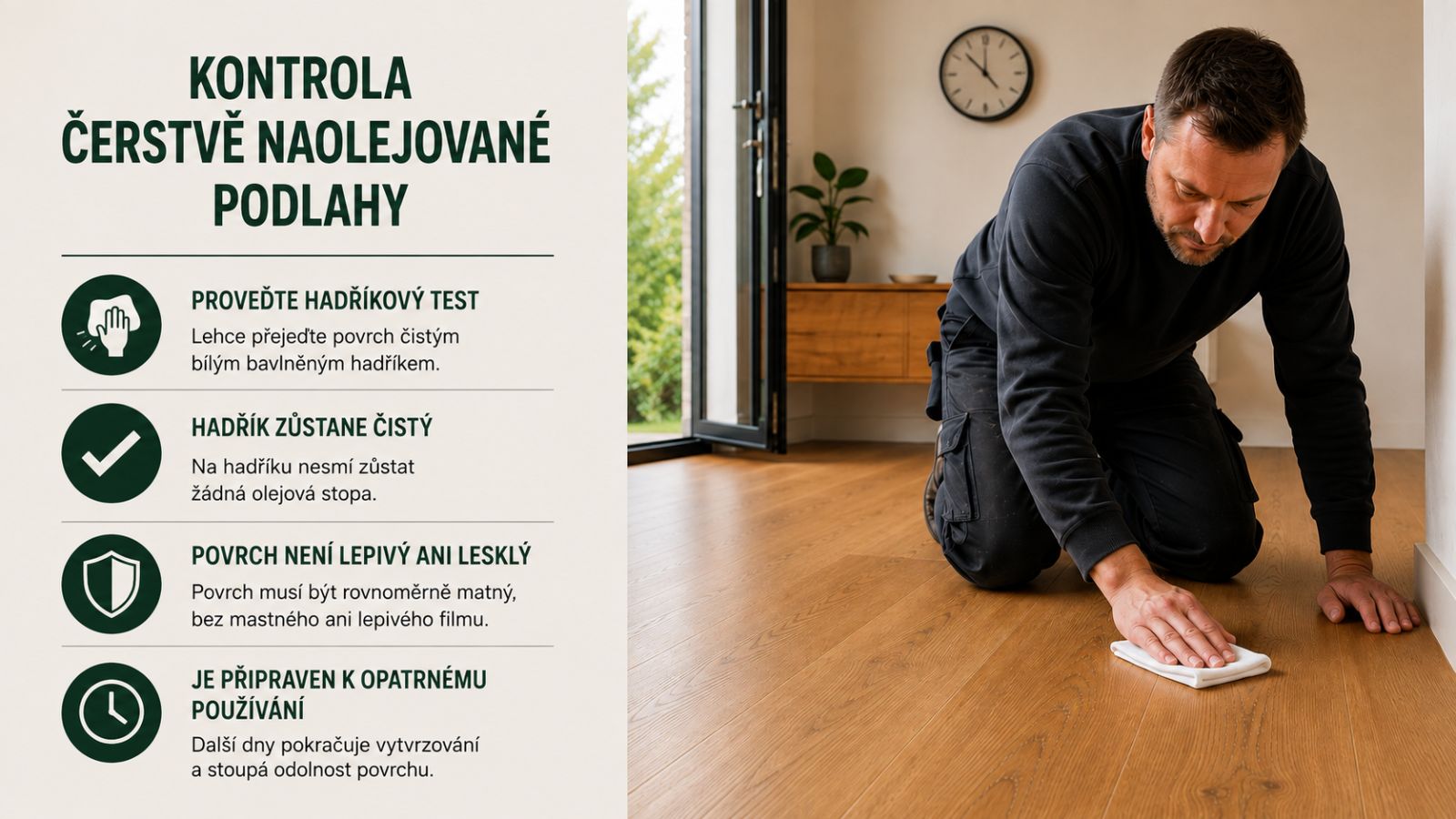 Technik kontroluje suchost čerstvě olejované dubové podlahy bavlněným hadříkem
